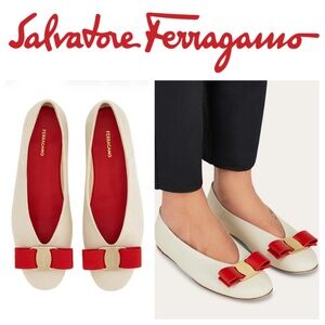 Salvatore Ferragamo Vara Bow Ballet Flats Shoes Sz 8.5 C White Ivory Red Leather